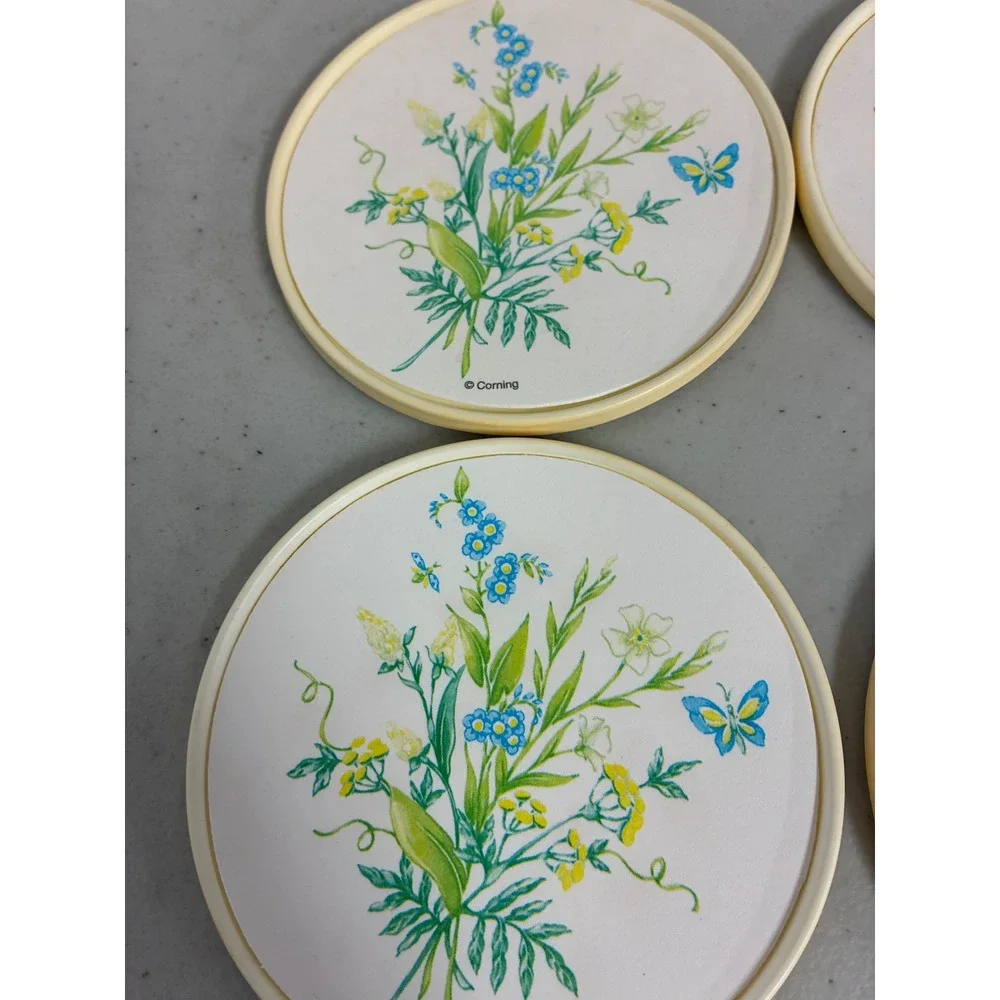 Vintage Corning Meadow Floral Coasters Set of 4 Blue Forget Me Not Butterfly 70s